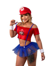 Disfraz Mario Bros Sexy Crop Top Rojo con Tutú Azul Glitter y Gorra