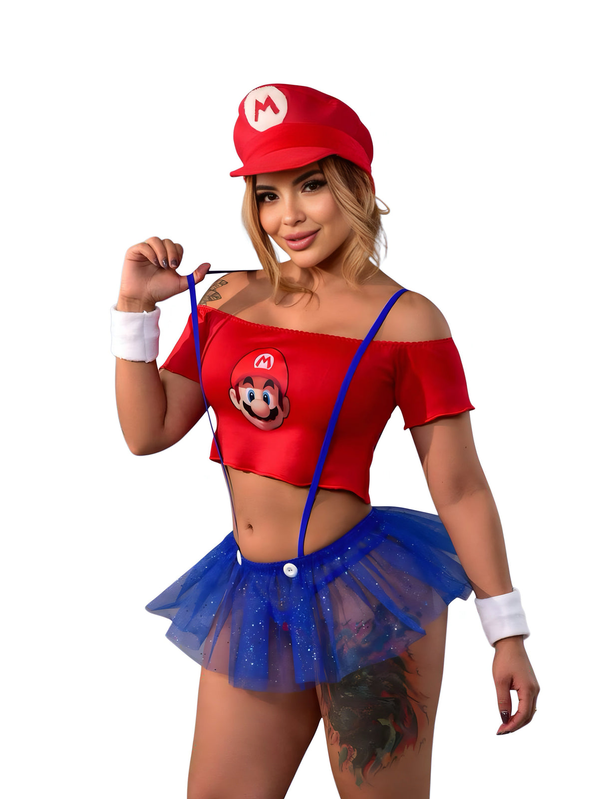 Disfraz Mario Bros Sexy Crop Top Rojo con Tutú Azul Glitter y Gorra