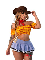 Disfraz de Vaquera con Top Amarillo de Cuadros y Falda Azul Plisada