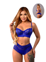 Conjunto Lencería Azul Rey Encaje Floral Bordado Bra Push-Up y Panty Tiro Alto