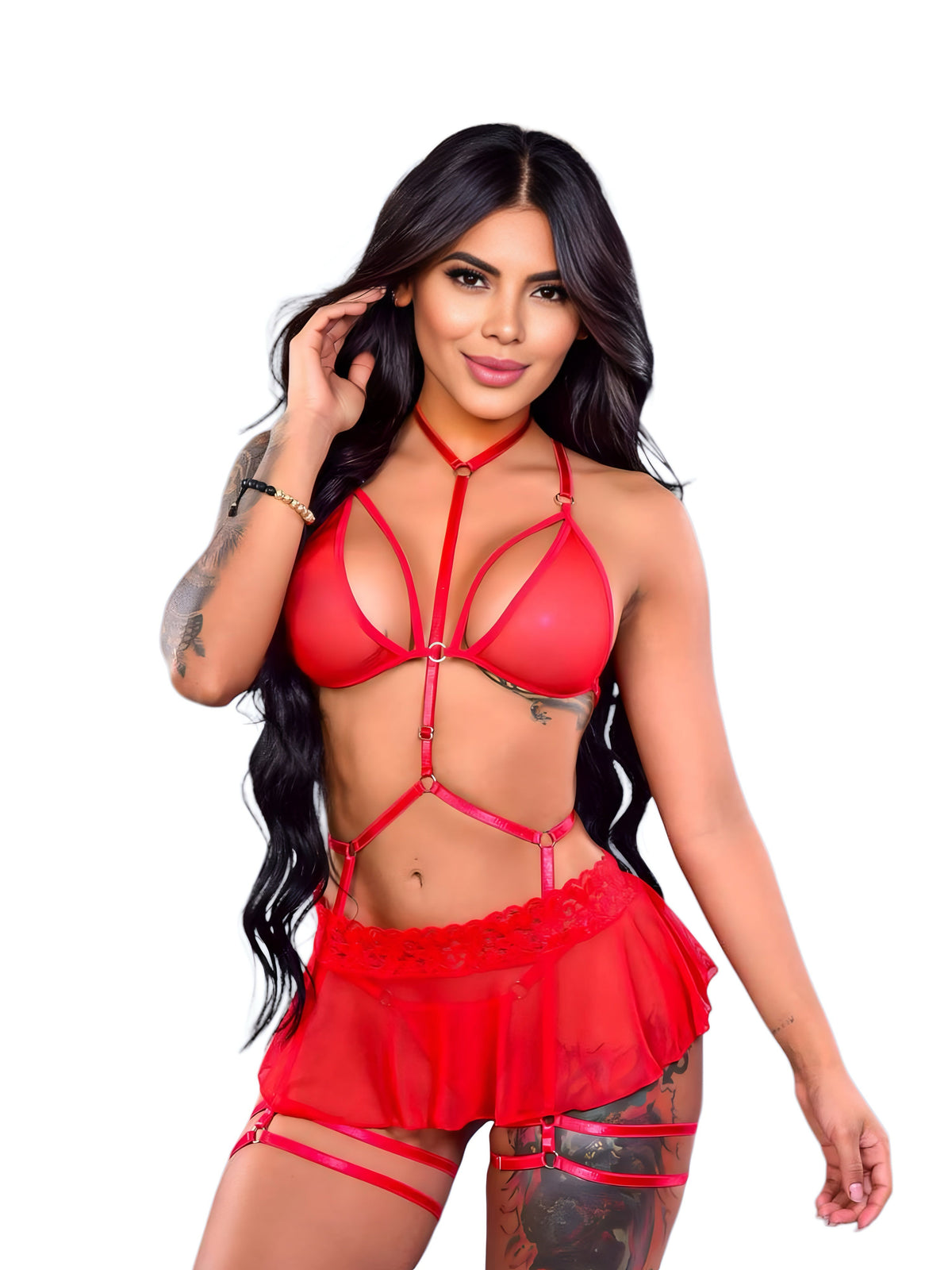 Conjunto Lencería Rojo Tres Piezas Harness Malla con Minifalda y Liga