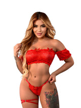 Conjunto Lencería Rojo Dos Piezas Off-Shoulder Encaje