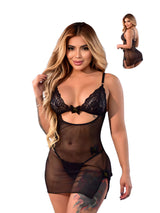 Vestido Lencería Negro Tul Transparente con Abertura