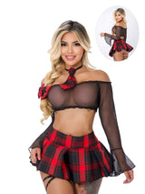 Disfraz Colegiala con Top Negro de Hombros Descubiertos y Falda Roja – Talla Única